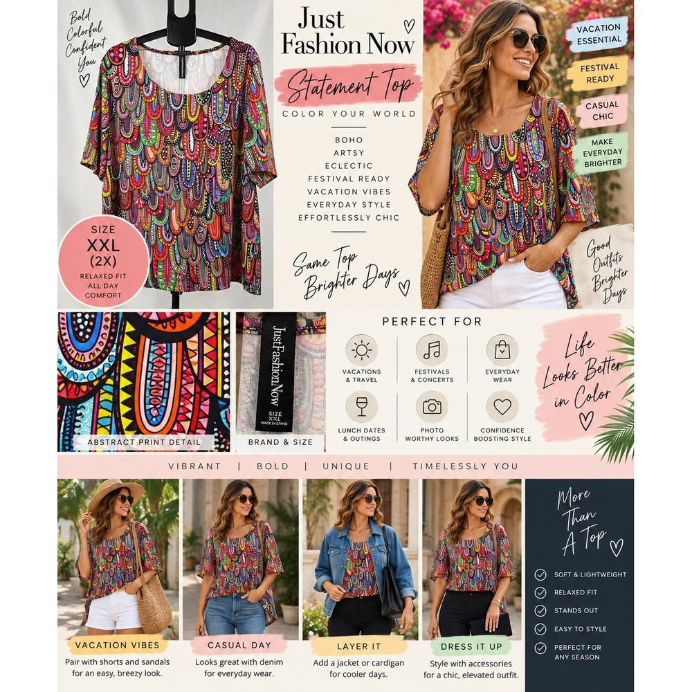 Top Multicolor Abstract Womens XXL 2X Hippie Boho Psychedelic Festival Tunic
